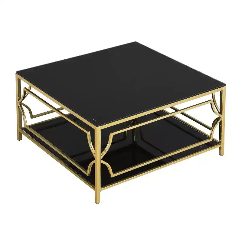 Zeus & Ruta 33.5 Square Glass Coffee Table with Luxe Geometric Metal Frame, Gold Finish & Lower Shelf