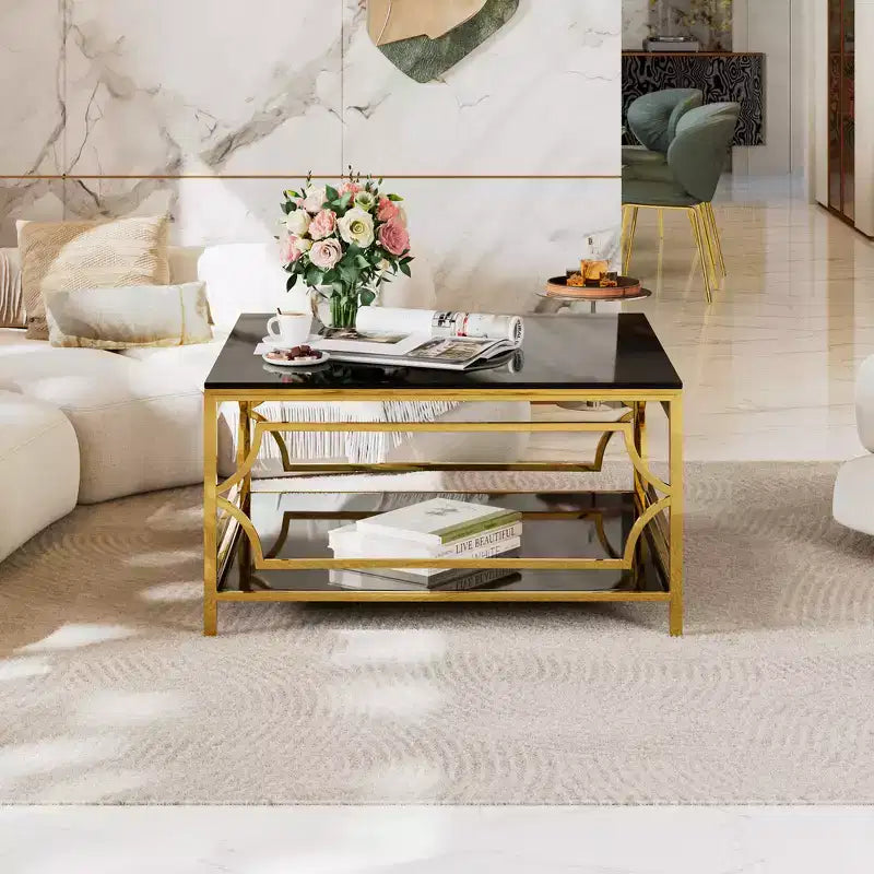 Zeus & Ruta 33.5 Square Glass Coffee Table with Luxe Geometric Metal Frame, Gold Finish & Lower Shelf