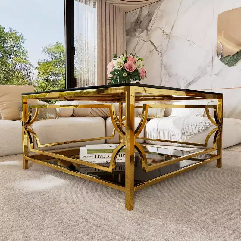 Zeus & Ruta 33.5 Square Glass Coffee Table with Luxe Geometric Metal Frame, Gold Finish & Lower Shelf