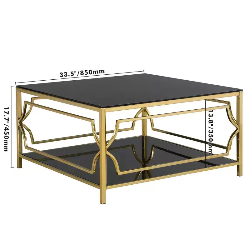 Zeus & Ruta 33.5 Square Glass Coffee Table with Luxe Geometric Metal Frame, Gold Finish & Lower Shelf
