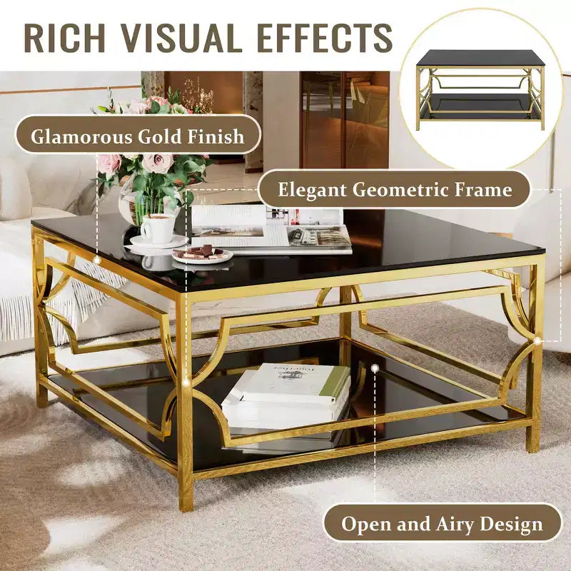 Zeus & Ruta 33.5 Square Glass Coffee Table with Luxe Geometric Metal Frame, Gold Finish & Lower Shelf