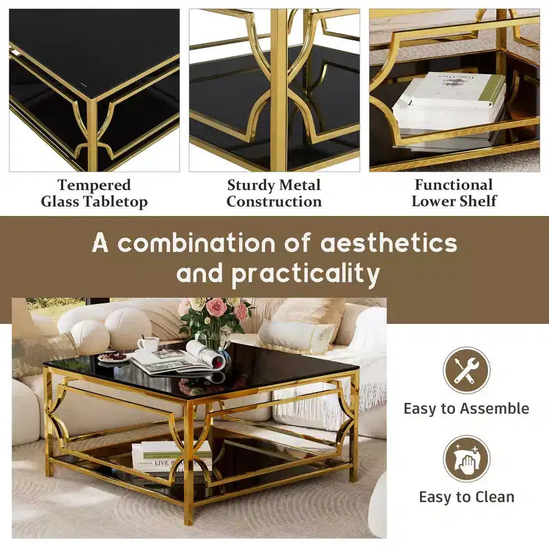 Zeus & Ruta 33.5 Square Glass Coffee Table with Luxe Geometric Metal Frame, Gold Finish & Lower Shelf