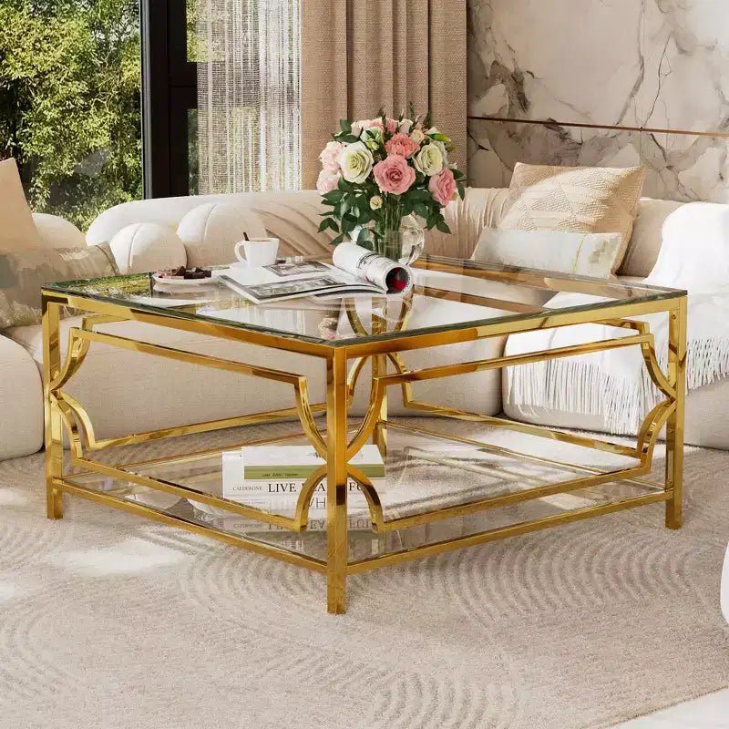Zeus & Ruta 33.5 Square Glass Coffee Table with Luxe Geometric Metal Frame, Gold Finish & Lower Shelf