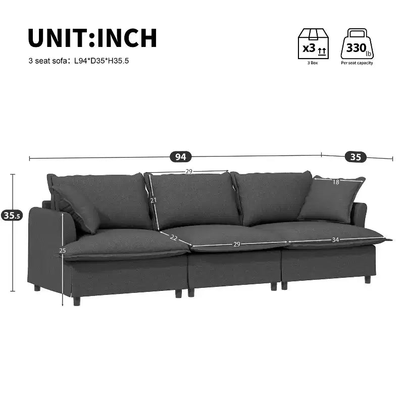 Module de canapé 3 places en chenille 94x35 pour sectionnel modulable, canapé nuage avec assise large et coussins décoratifs