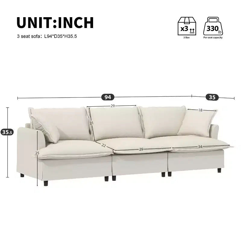 Module de canapé 3 places en chenille 94x35 pour sectionnel modulable, canapé nuage avec assise large et coussins décoratifs