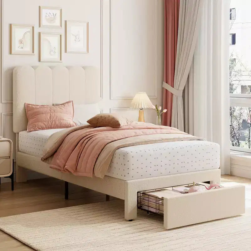 Twin Bed Frame with Storage Drawer and Headboard, Velvet Upholstered Twin Platform Bed Frame for Girls