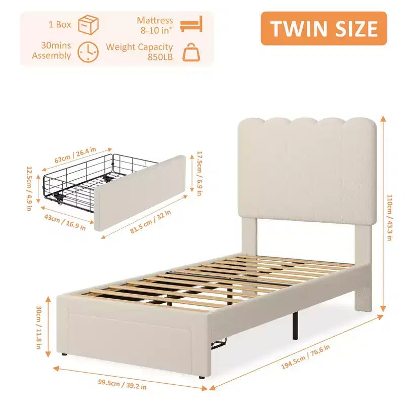 Twin Bed Frame with Storage Drawer and Headboard, Velvet Upholstered Twin Platform Bed Frame for Girls