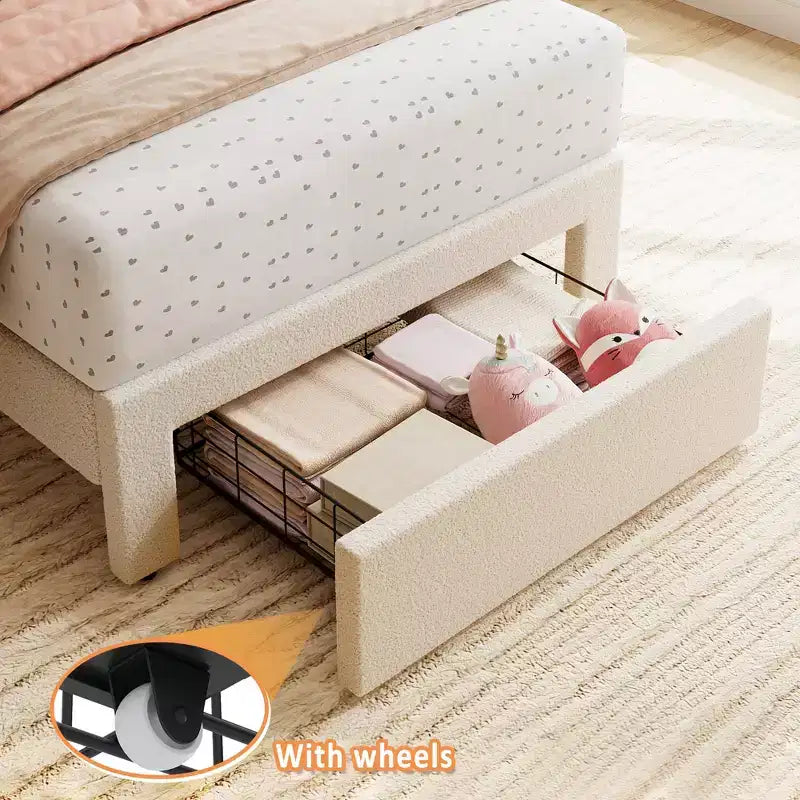 Twin Bed Frame with Storage Drawer and Headboard, Velvet Upholstered Twin Platform Bed Frame for Girls
