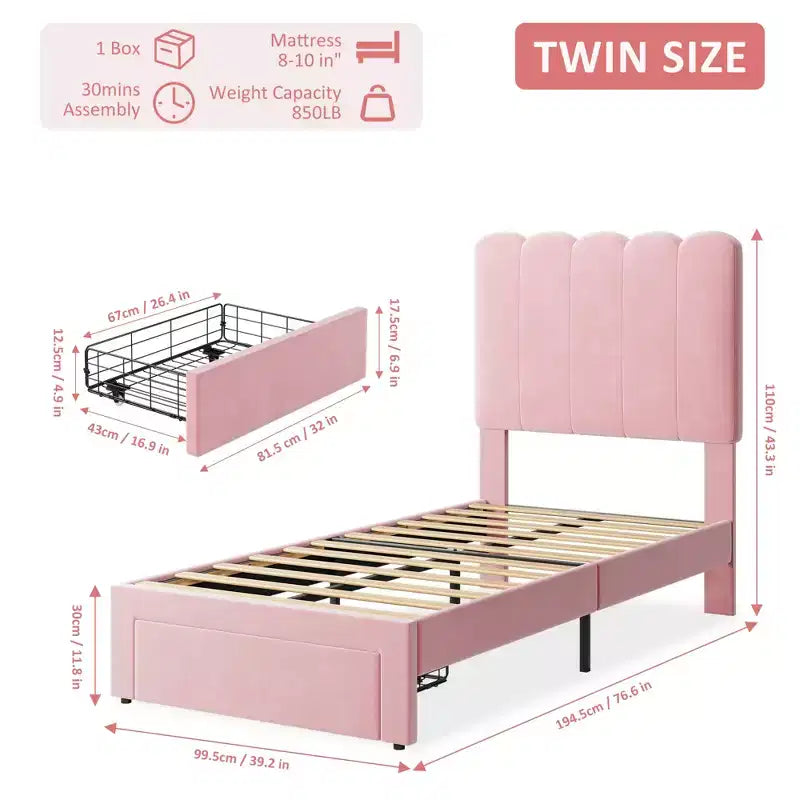 Twin Bed Frame with Storage Drawer and Headboard, Velvet Upholstered Twin Platform Bed Frame for Girls