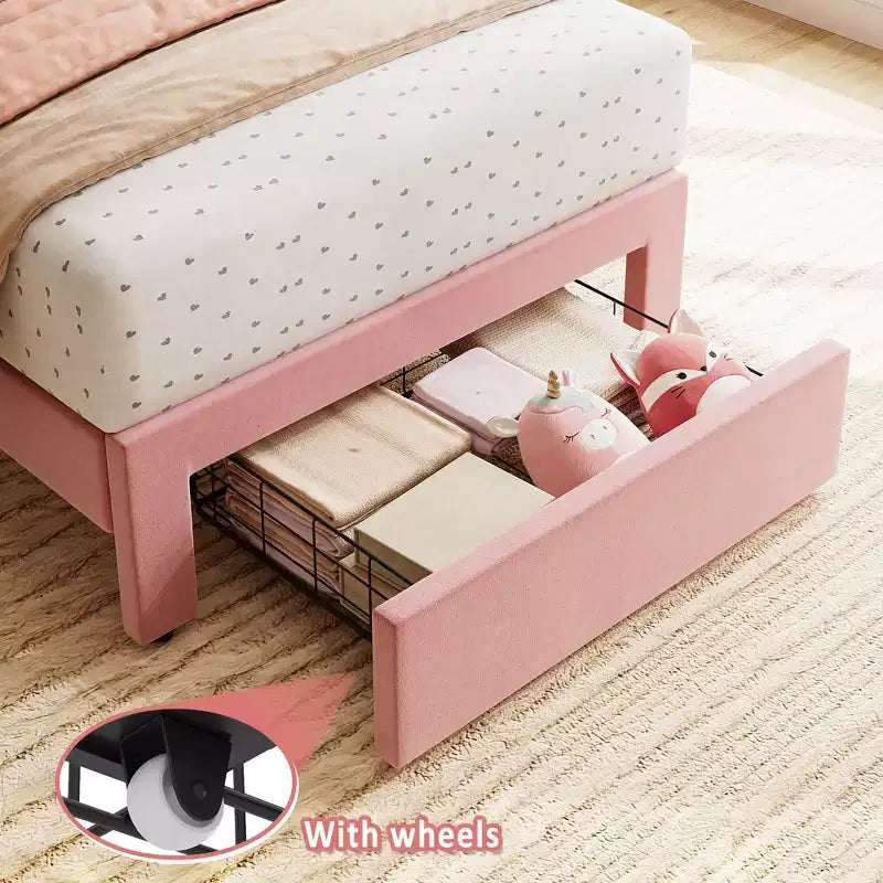 Twin Bed Frame with Storage Drawer and Headboard, Velvet Upholstered Twin Platform Bed Frame for Girls