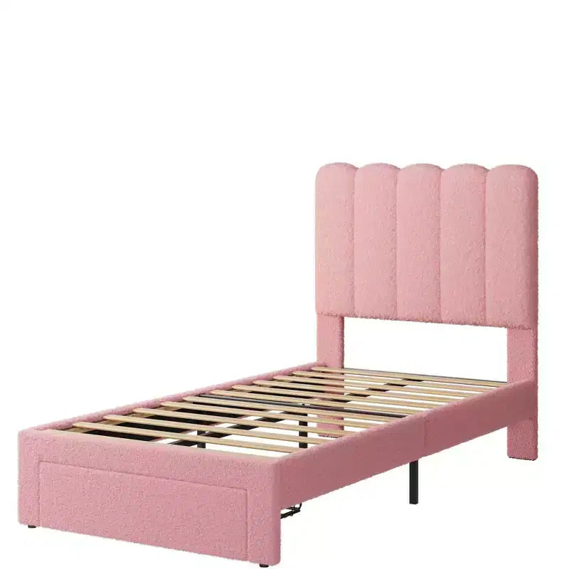Twin Bed Frame with Storage Drawer and Headboard, Velvet Upholstered Twin Platform Bed Frame for Girls