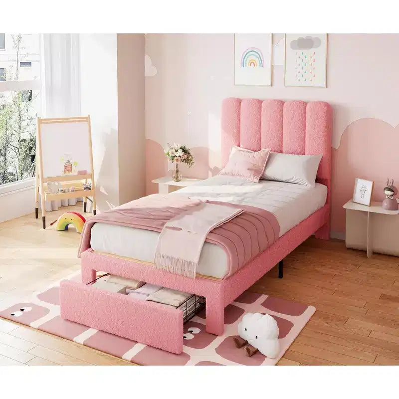 Twin Bed Frame with Storage Drawer and Headboard, Velvet Upholstered Twin Platform Bed Frame for Girls