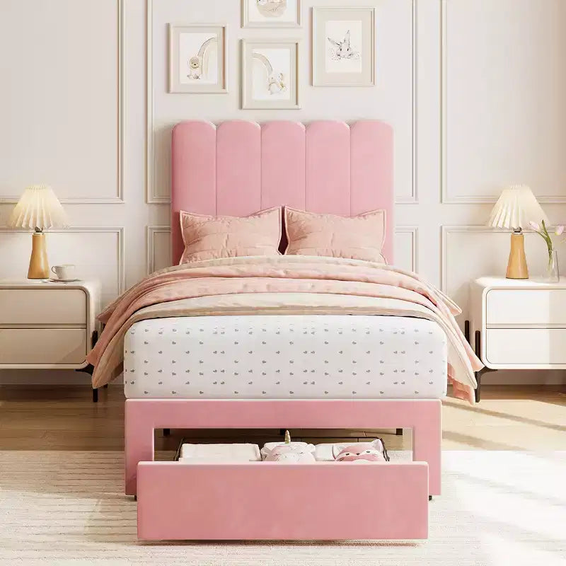 Twin Bed Frame with Storage Drawer and Headboard, Velvet Upholstered Twin Platform Bed Frame for Girls