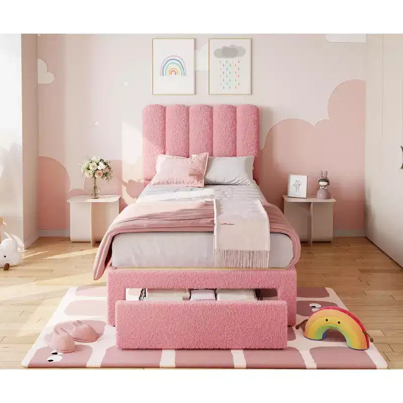 Twin Bed Frame with Storage Drawer and Headboard, Velvet Upholstered Twin Platform Bed Frame for Girls