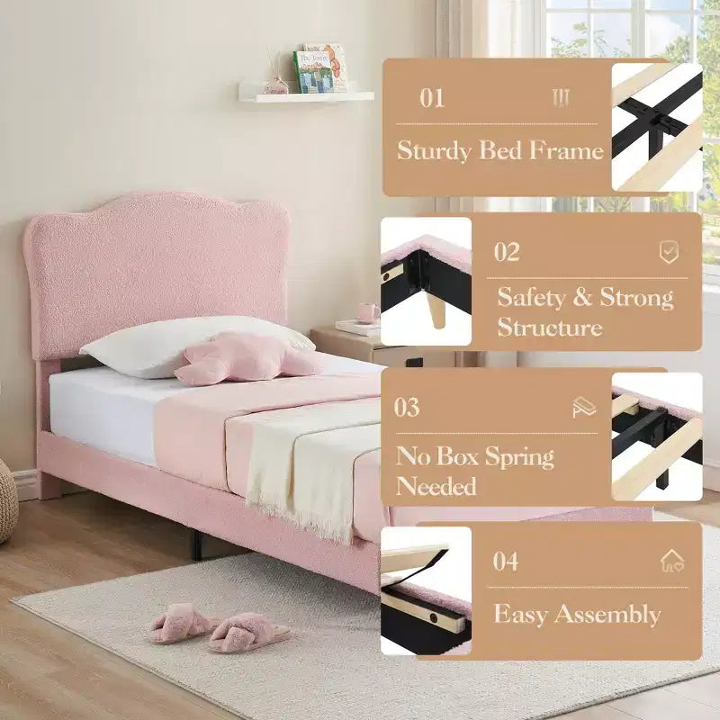 Cadre de lit plateforme rembourré avec tête de lit réglable, support de lattes en bois solides, mobilier de lit moderne pour enfants, aucun sommier tapissier requis