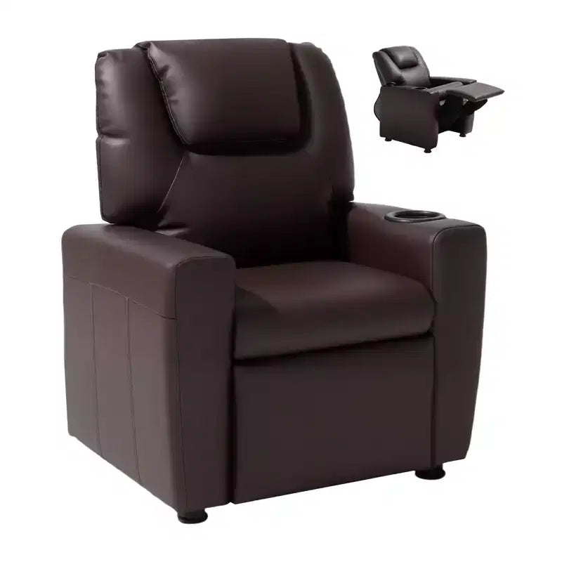 VEVOR Kids Reclining Chair, Toddler Recliner with Cup Holder, 101 to 121 Adjustable Backrest, Easy-to-Clean PU Leather Recliner Couch, Brown