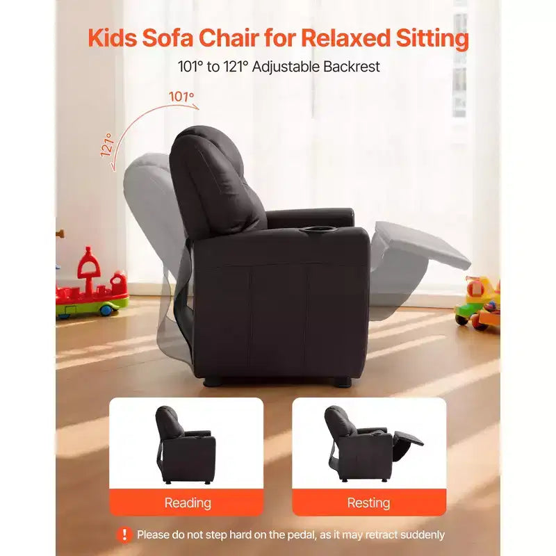 VEVOR Kids Reclining Chair, Toddler Recliner with Cup Holder, 101 to 121 Adjustable Backrest, Easy-to-Clean PU Leather Recliner Couch, Brown