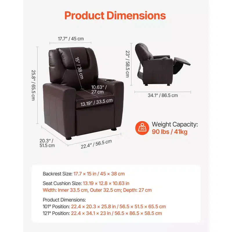 VEVOR Kids Reclining Chair, Toddler Recliner with Cup Holder, 101 to 121 Adjustable Backrest, Easy-to-Clean PU Leather Recliner Couch, Brown