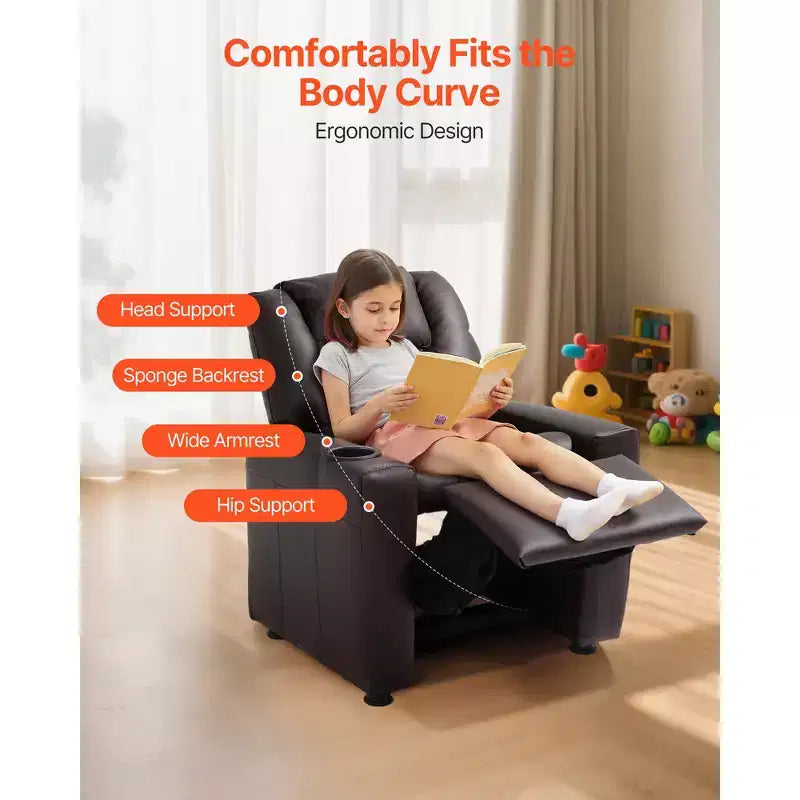 VEVOR Kids Reclining Chair, Toddler Recliner with Cup Holder, 101 to 121 Adjustable Backrest, Easy-to-Clean PU Leather Recliner Couch, Brown