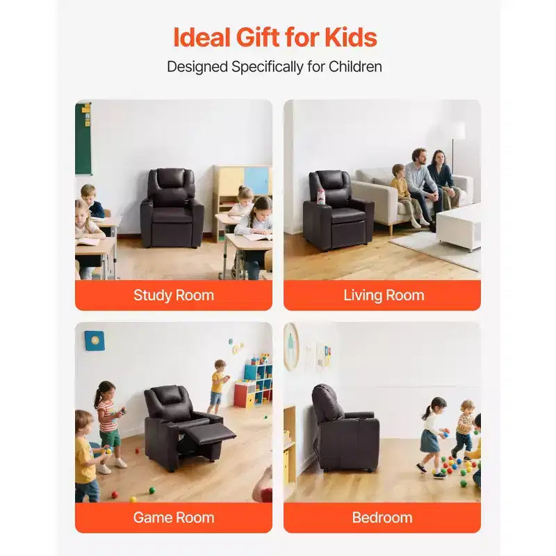 VEVOR Kids Reclining Chair, Toddler Recliner with Cup Holder, 101 to 121 Adjustable Backrest, Easy-to-Clean PU Leather Recliner Couch, Brown