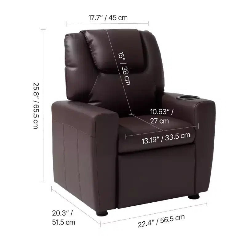 VEVOR Kids Reclining Chair, Toddler Recliner with Cup Holder, 101 to 121 Adjustable Backrest, Easy-to-Clean PU Leather Recliner Couch, Brown