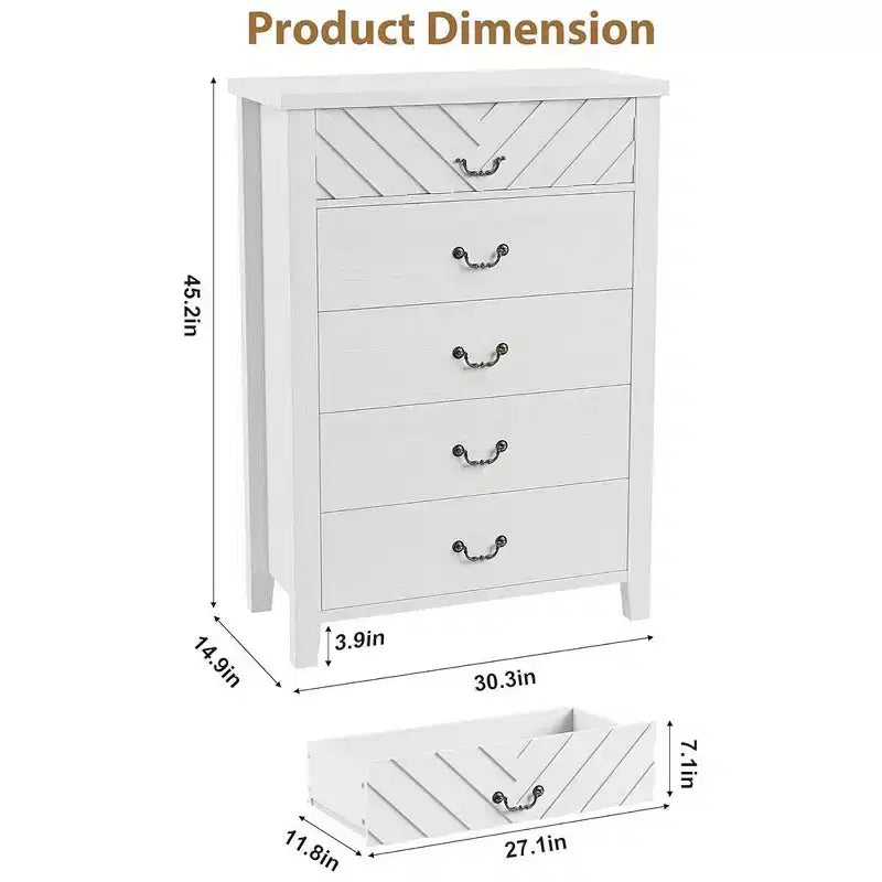 Farmhouse 5 Dresser for Bedroom, 45.2 Tall Dresser, Vertical Drawer with Storage Freestanding, Wooden Closet Storage Chest for Bedroom