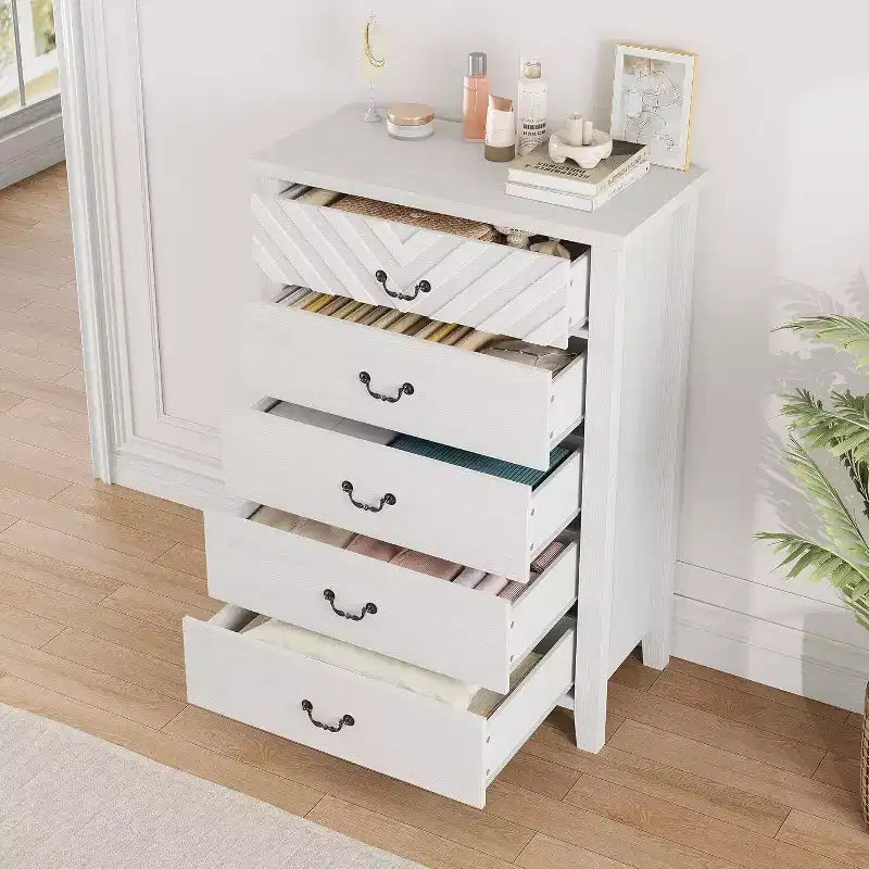 Farmhouse 5 Dresser for Bedroom, 45.2 Tall Dresser, Vertical Drawer with Storage Freestanding, Wooden Closet Storage Chest for Bedroom