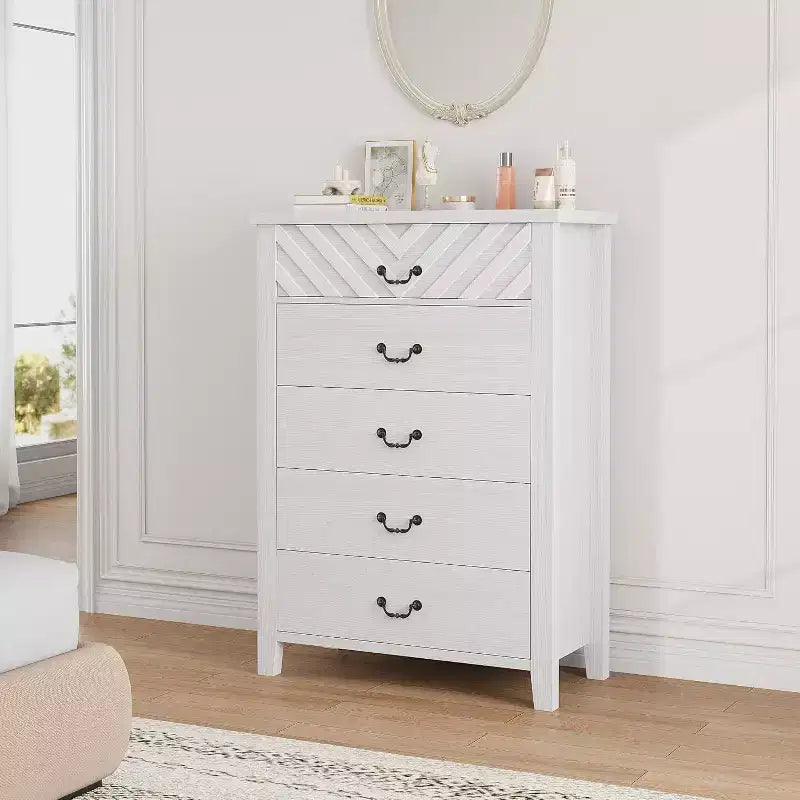 Farmhouse 5 Dresser for Bedroom, 45.2 Tall Dresser, Vertical Drawer with Storage Freestanding, Wooden Closet Storage Chest for Bedroom