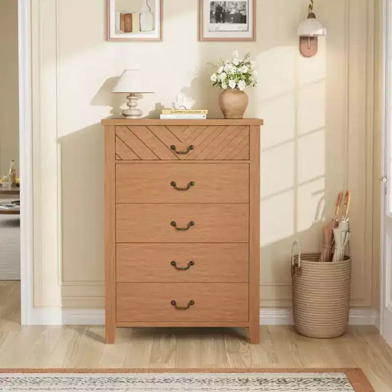 Farmhouse 5 Dresser for Bedroom, 45.2 Tall Dresser, Vertical Drawer with Storage Freestanding, Wooden Closet Storage Chest for Bedroom