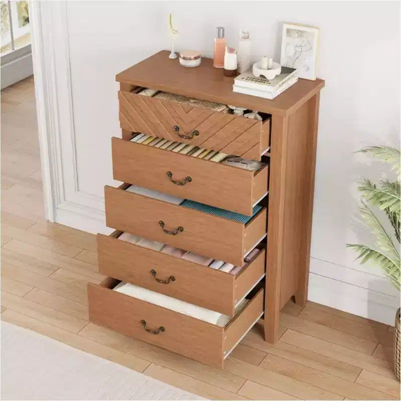 Farmhouse 5 Dresser for Bedroom, 45.2 Tall Dresser, Vertical Drawer with Storage Freestanding, Wooden Closet Storage Chest for Bedroom