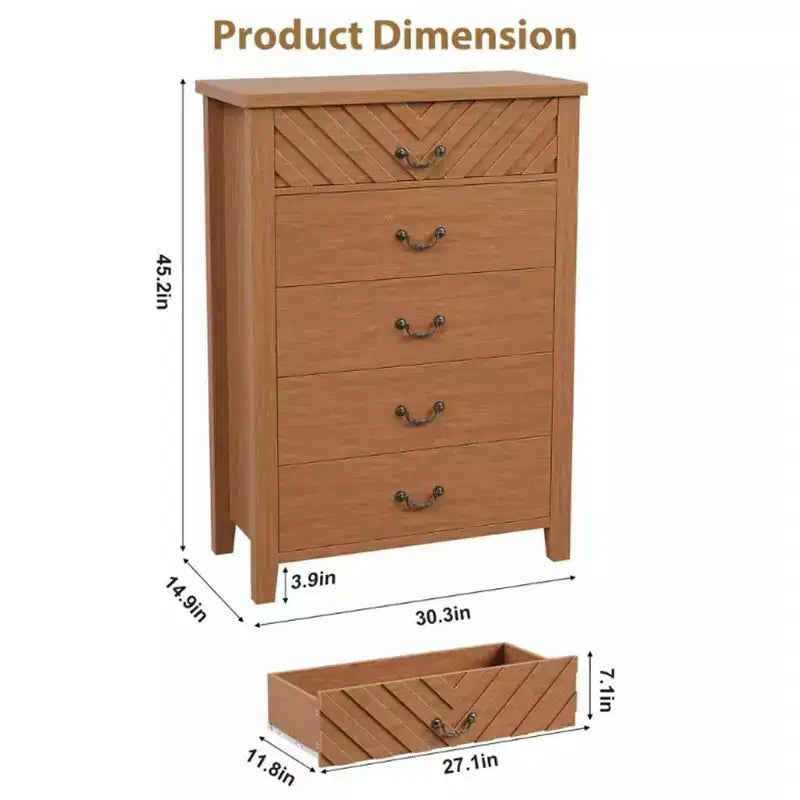 Farmhouse 5 Dresser for Bedroom, 45.2 Tall Dresser, Vertical Drawer with Storage Freestanding, Wooden Closet Storage Chest for Bedroom