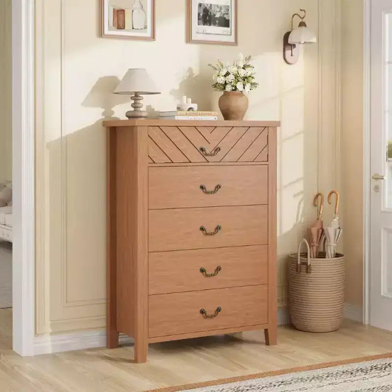 Farmhouse 5 Dresser for Bedroom, 45.2 Tall Dresser, Vertical Drawer with Storage Freestanding, Wooden Closet Storage Chest for Bedroom