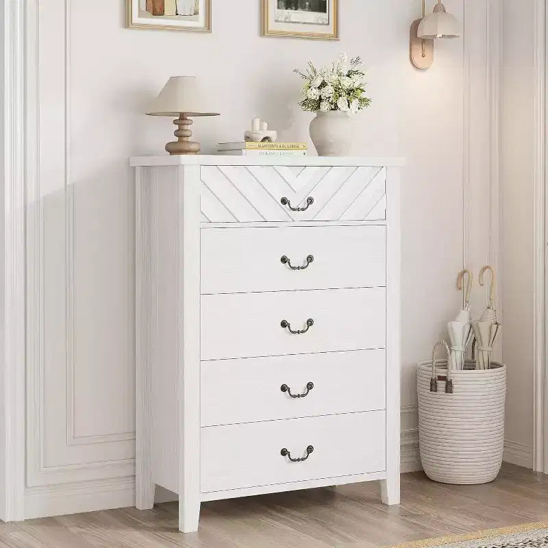 Farmhouse 5 Dresser for Bedroom, 45.2 Tall Dresser, Vertical Drawer with Storage Freestanding, Wooden Closet Storage Chest for Bedroom