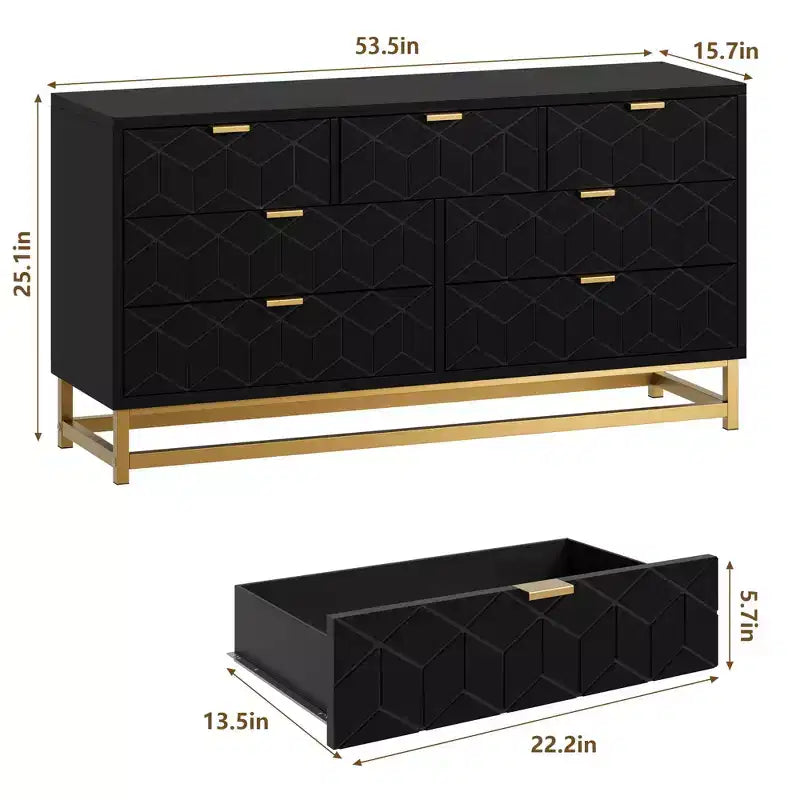 Dresser for Bedroom, 53.5 Wide Dresser Organizer, 7 Drawer Dresser with Golden Metal Handle and Legs, Modern Chest of Drawers, Large Dresser