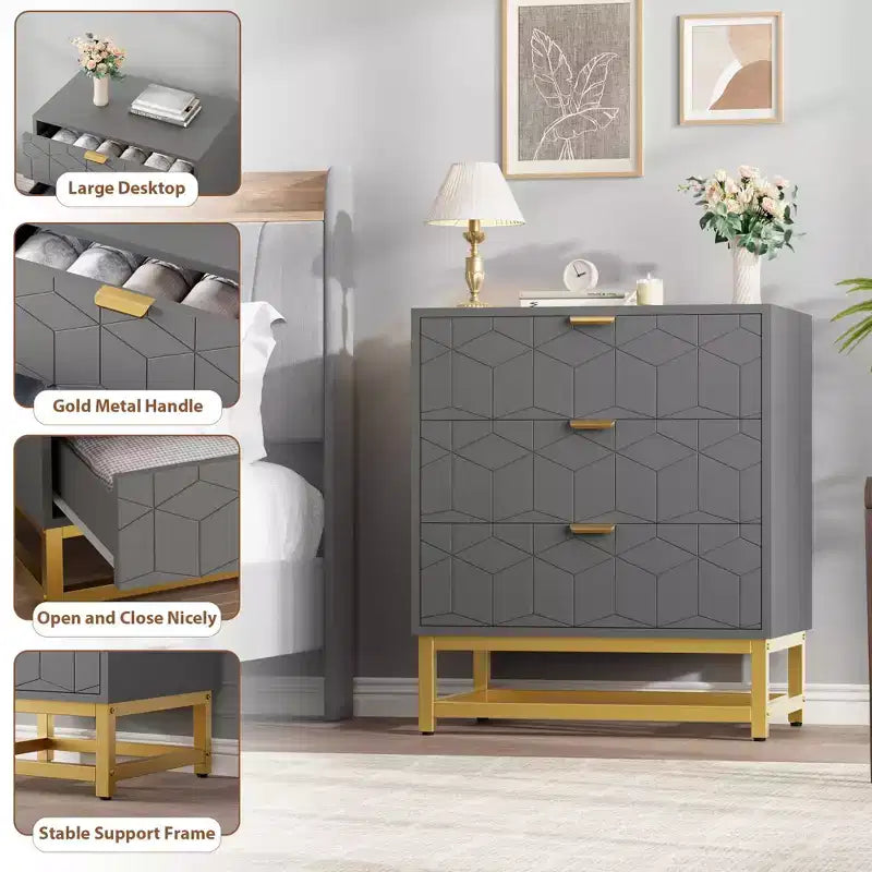 TROPOW Dresser for Bedroom, 3 Drawer Dresser with Metal Legs, Wood Dressers Chest Organizer with Wide Storage, Modern Chest