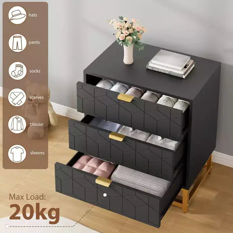 TROPOW Dresser for Bedroom, 3 Drawer Dresser with Metal Legs, Wood Dressers Chest Organizer with Wide Storage, Modern Chest