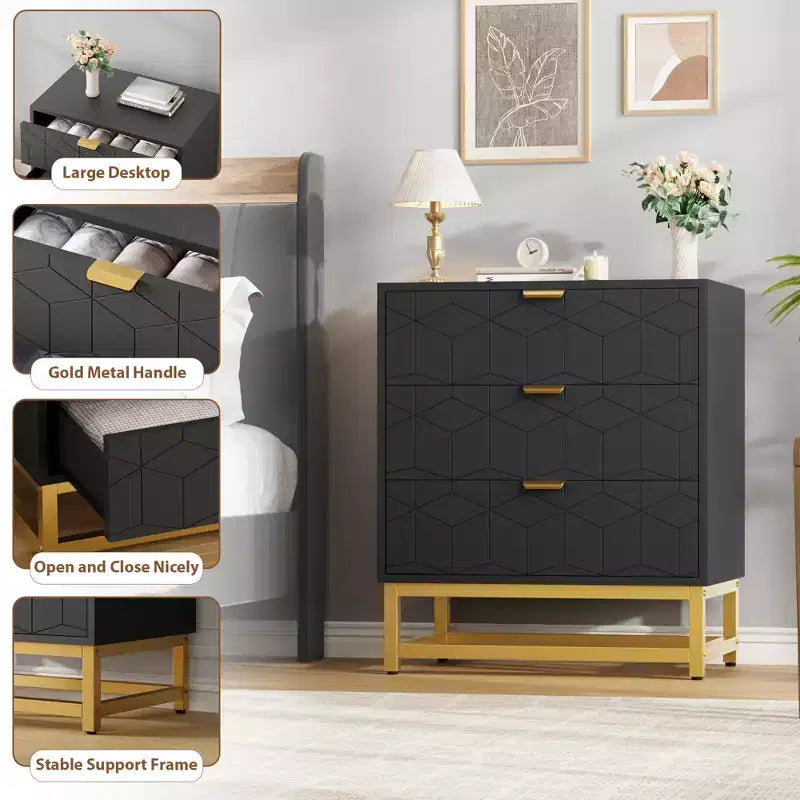 TROPOW Dresser for Bedroom, 3 Drawer Dresser with Metal Legs, Wood Dressers Chest Organizer with Wide Storage, Modern Chest