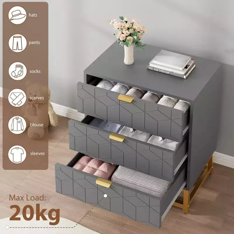 TROPOW Dresser for Bedroom, 3 Drawer Dresser with Metal Legs, Wood Dressers Chest Organizer with Wide Storage, Modern Chest