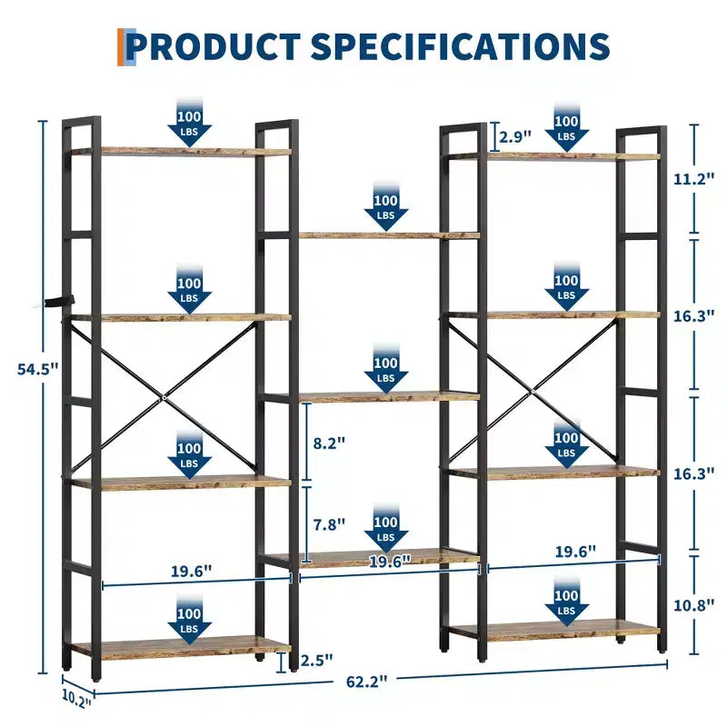 4-Tier Industrial Bookshelf with Adjustable Wood Shelves and Metal Frame, Wide Storage Rack for Home and Office