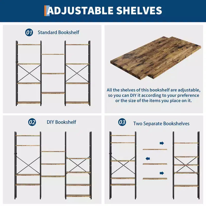 4-Tier Industrial Bookshelf with Adjustable Wood Shelves and Metal Frame, Wide Storage Rack for Home and Office