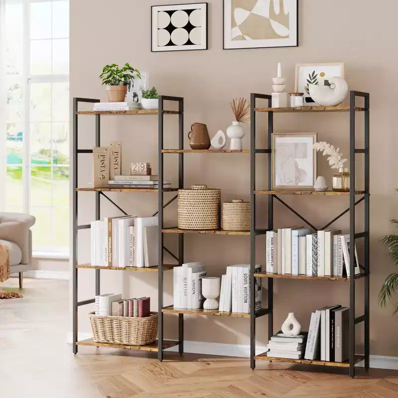 4-Tier Industrial Bookshelf with Adjustable Wood Shelves and Metal Frame, Wide Storage Rack for Home and Office