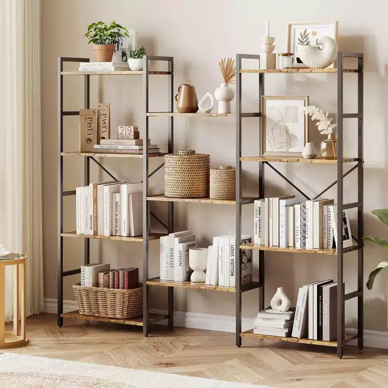 4-Tier Industrial Bookshelf with Adjustable Wood Shelves and Metal Frame, Wide Storage Rack for Home and Office