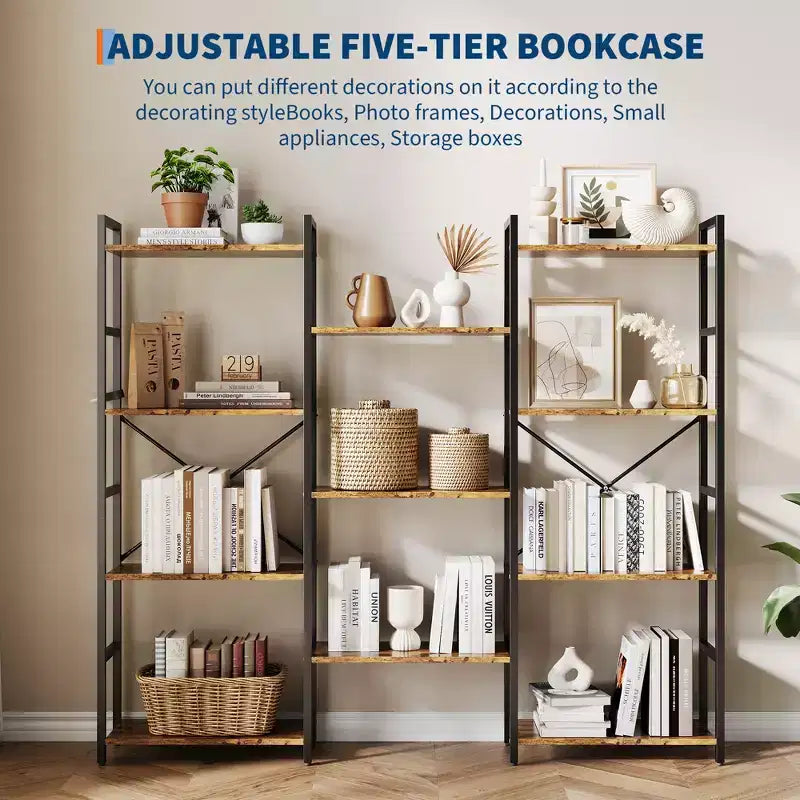 4-Tier Industrial Bookshelf with Adjustable Wood Shelves and Metal Frame, Wide Storage Rack for Home and Office
