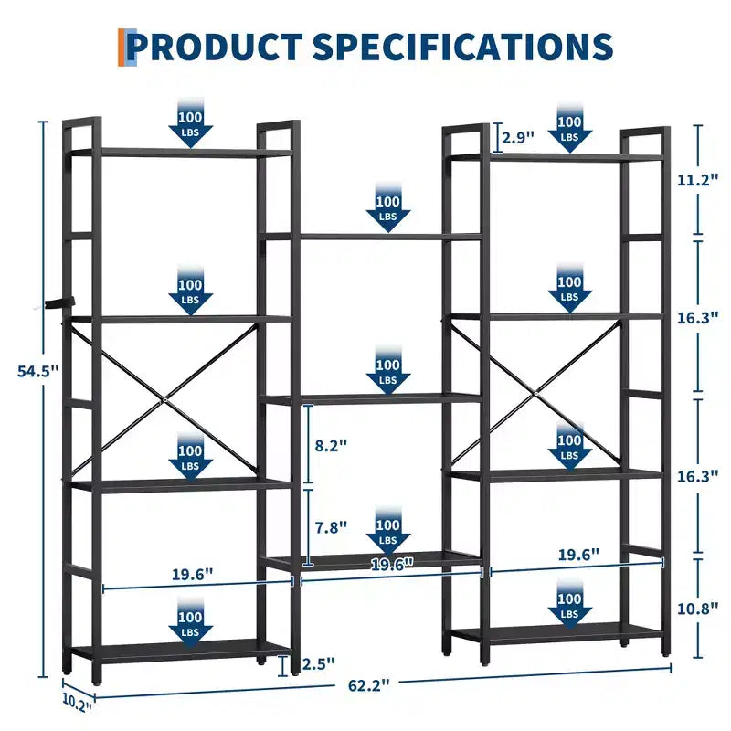 4-Tier Industrial Bookshelf with Adjustable Wood Shelves and Metal Frame, Wide Storage Rack for Home and Office