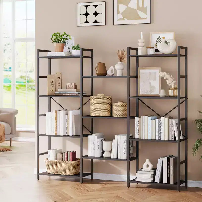 4-Tier Industrial Bookshelf with Adjustable Wood Shelves and Metal Frame, Wide Storage Rack for Home and Office