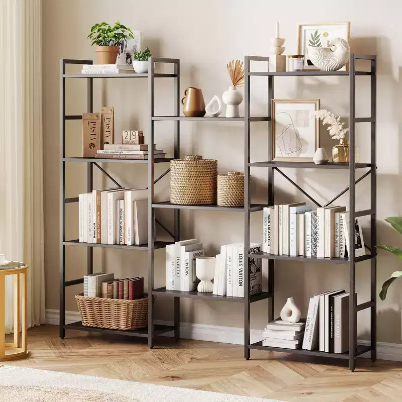4-Tier Industrial Bookshelf with Adjustable Wood Shelves and Metal Frame, Wide Storage Rack for Home and Office