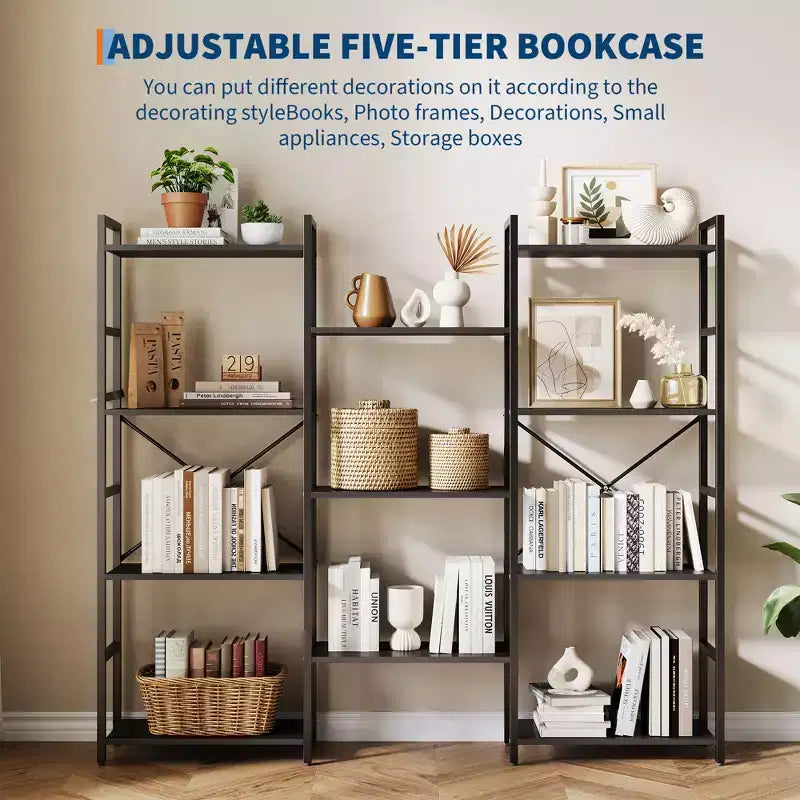 4-Tier Industrial Bookshelf with Adjustable Wood Shelves and Metal Frame, Wide Storage Rack for Home and Office