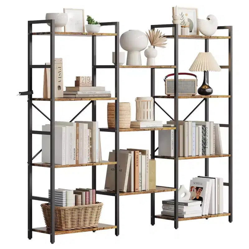 4-Tier Industrial Bookshelf with Adjustable Wood Shelves and Metal Frame, Wide Storage Rack for Home and Office