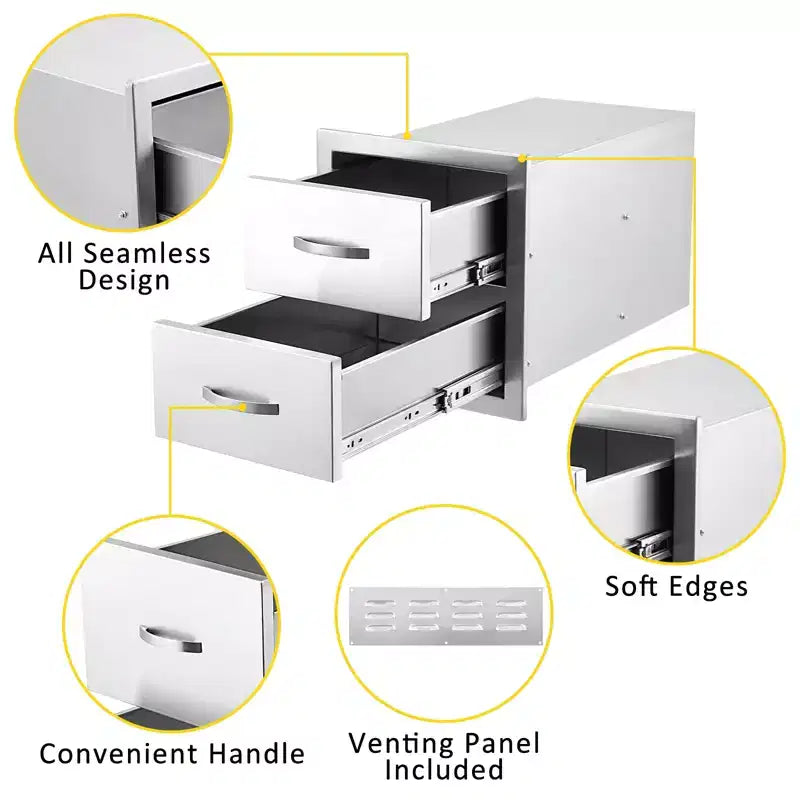 Outdoor Kitchen Drawer with Divider,Stainless Steel Flush Mount Single BBQ Drawer,Built-In Access Drawer with Venting Panel for Kitchen Island