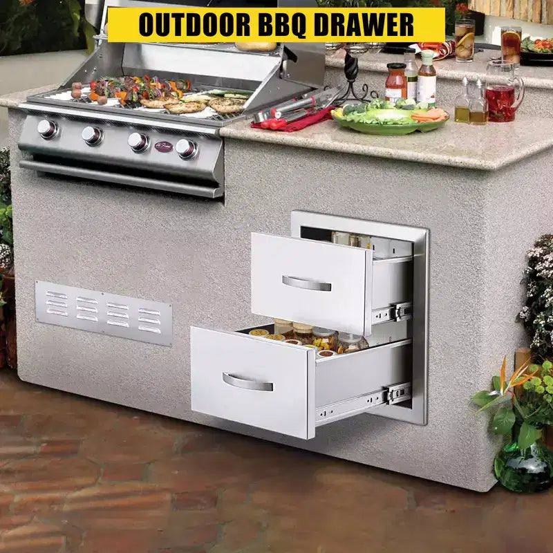 Outdoor Kitchen Drawer with Divider,Stainless Steel Flush Mount Single BBQ Drawer,Built-In Access Drawer with Venting Panel for Kitchen Island